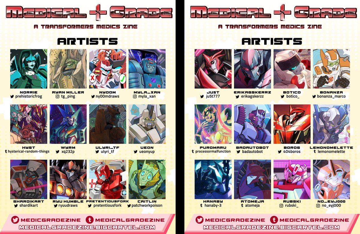 medicgradezine's tweet photo. And here is our Contributor Lineup!

This zine is FILLED with so many talented artists and writers from across the fandom, who came together to express their love for the Medics of Transformers, and to donate to a good cause! https://t.co/dDuseM4beH