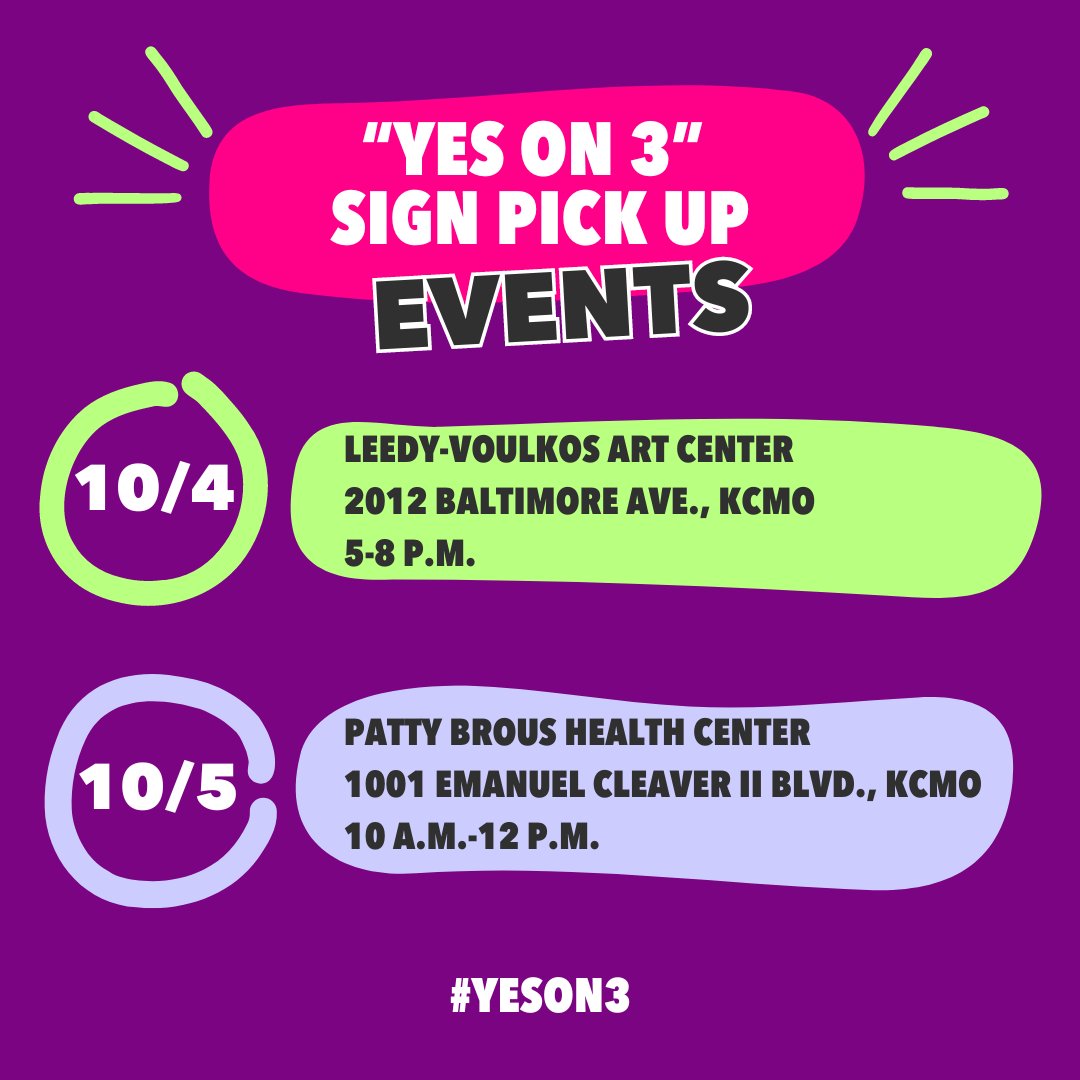 Missourians, the countdown is on! 🚨 Just 32 days until Election Day! Show your support for the Yes on 3 amendment and help end Missouri's abortion ban. Stop by our sign pickup events this week to grab your FREE "Yes on 3" yard sign! #EndTheBanMO #Yeson3 <a href="/Missourians4CF/">Missourians for Constitutional Freedom</a>