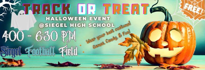 It's spooky season!

Hey Siegel Community,
Bring all of your little ghouls and goblins out to <a href="/SiegelHighStars/">Siegel High School</a> for our Annual Track or Treat. It will be held Thursday, October 31 in the Siegel Stadium.

It's one our students and athletes favorite days of the year.

#P2BASS