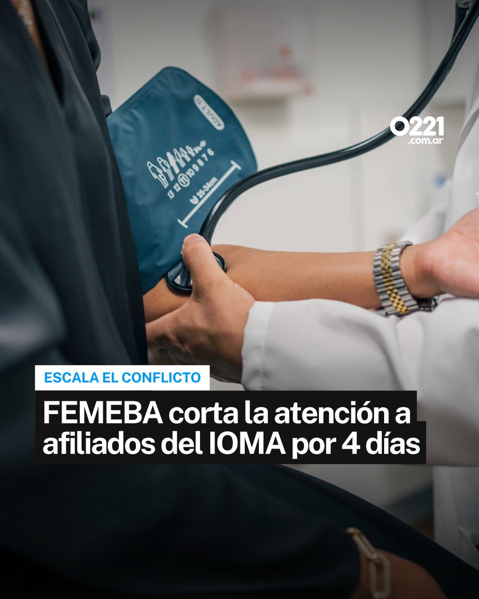 0221comar's tweet photo. ATENCIÓN AFILIADOS 💥😷 El conflicto entre #FEMEBA y el #IOMA sigue en aumento y en las próximas horas harán un corte total de atención durante cuatro días.
📣 "La FEMEBA resolvió un cese de servicios a los afiliados de IOMA por 96 horas que comprenderá los días lunes 7, martes 8, miércoles 9 y jueves 10 de octubre inclusive, en toda la provincia de Buenos Aires", indicaron los profesionales bonaerenses.
🩺 El duro comunicado remarca que la medida se llevará a cabo para visibilizar los pedidos de audiencia que la organización le elevó al gobernador Axel #Kicillof.