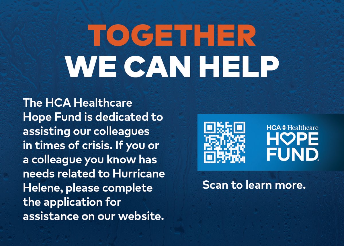 Thanks to the generosity of our donors, the HCA Healthcare Hope Fund has been able to respond quickly to the needs of our colleagues who have been impacted by Hurricane #Helene. To request emergency and recovery assistance, scan the QR code or visit HCAHopeFund.com.