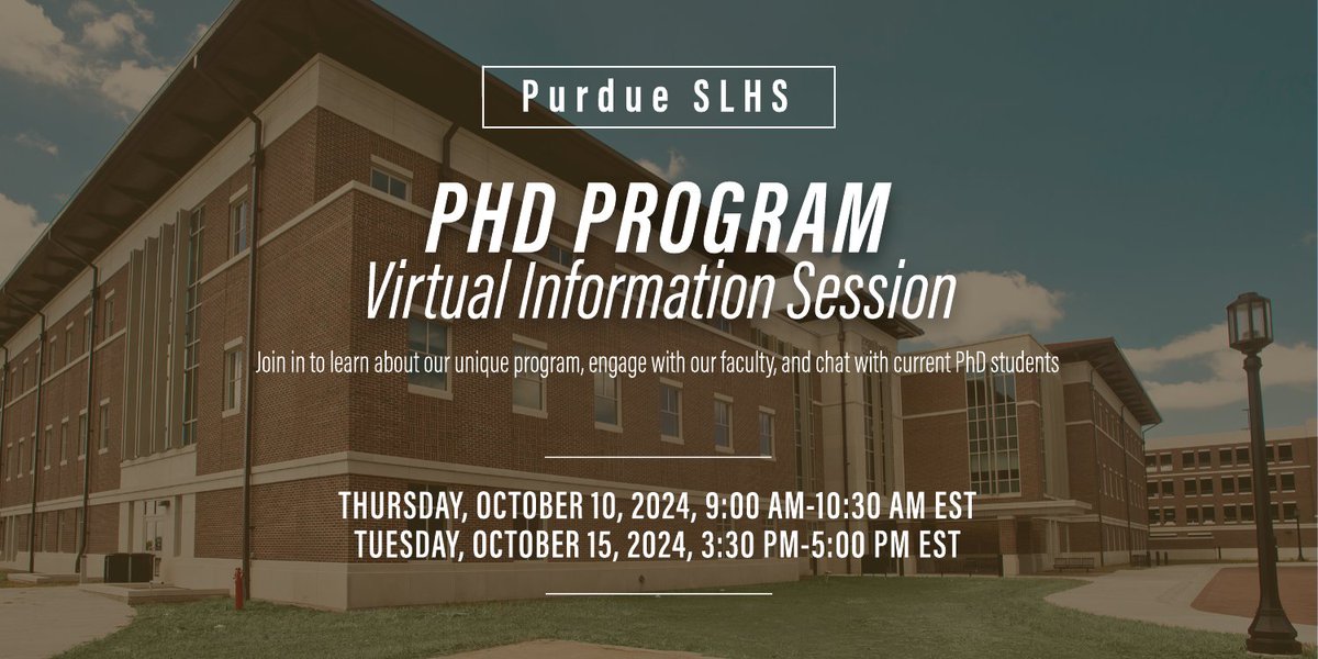 Purdue Speech, Language, & Hearing Sciences (@purdueslhs) on Twitter photo Remember to mark your calendars! <a href="/PurdueSLHS/">Purdue Speech, Language, & Hearing Sciences</a> at <a href="/LifeAtPurdue/">Purdue University</a> is hosting a virtual information session next Thursday for individuals interested in applying to our #PhD Program. Join us to discover more about our distinctive program & to meet our faculty & current PhD students! Remember to mark your calendars! <a href="/PurdueSLHS/">Purdue Speech, Language, & Hearing Sciences</a> at <a href="/LifeAtPurdue/">Purdue University</a> is hosting a virtual information session next Thursday for individuals interested in applying to our #PhD Program. Join us to discover more about our distinctive program & to meet our faculty & current PhD students!