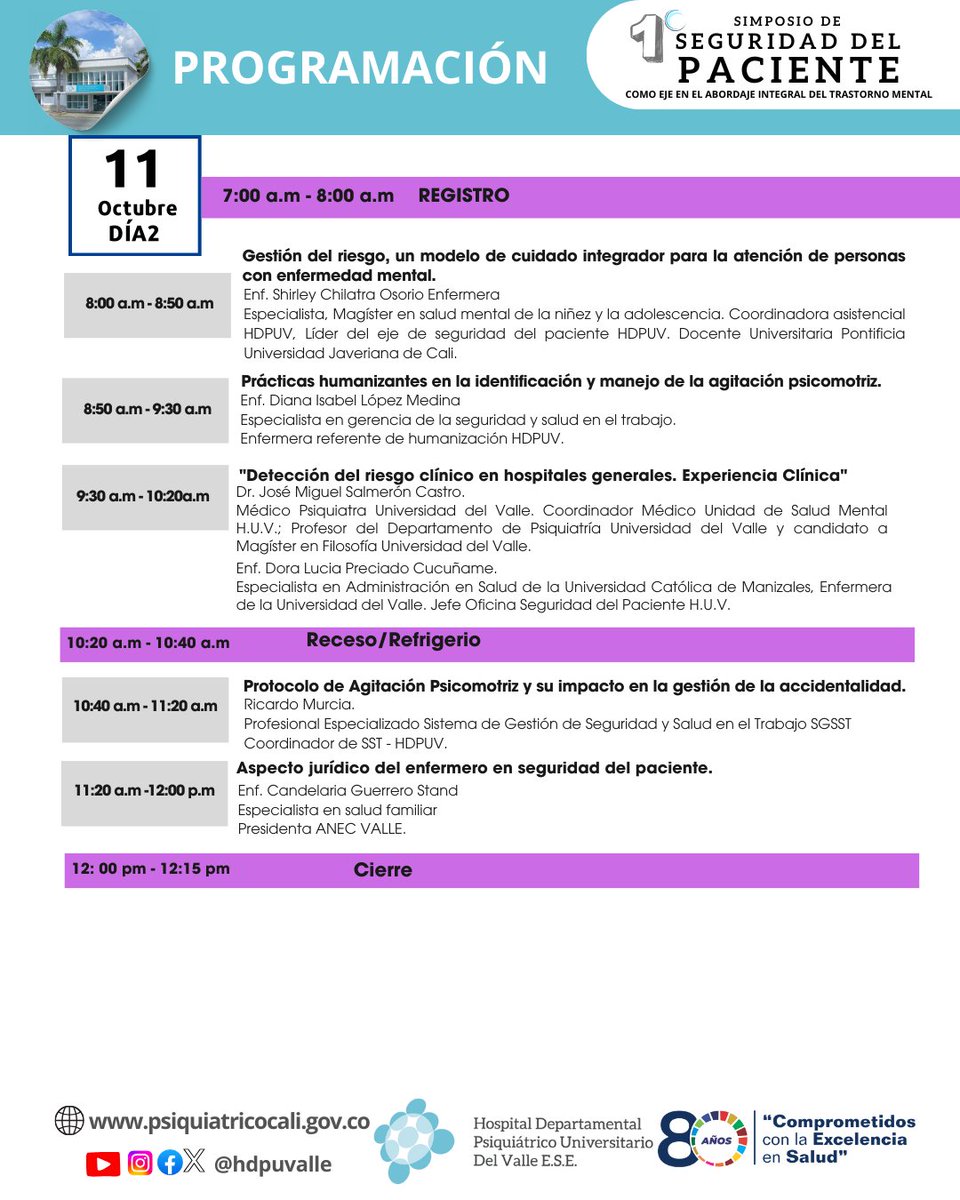 Es un placer invitarlos al I Simposio de Seguridad del Paciente como Eje en el Abordaje Integral del Trastorno Mental,el cual se realizará los días 10 y 11 de octubre de 2024, en el Auditorio la Casona HDPUV.
Enlace de inscripción: forms.gle/QFFiCaPG5YZ9zR…