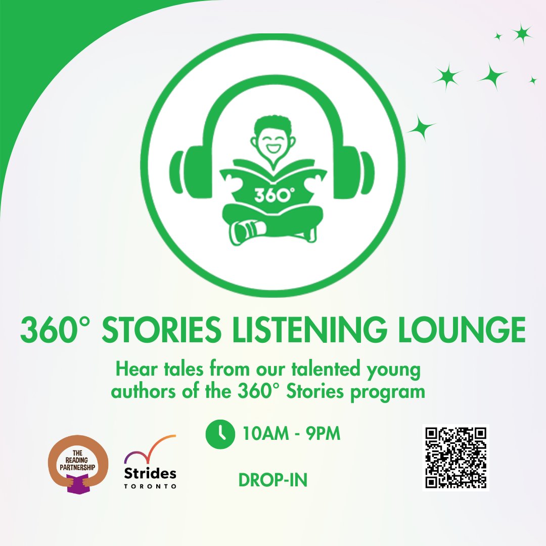 Introducing the 360° Stories Listening Lounge! 

We've partnered with <a href="/stridesTO/">Strides Toronto</a> to curate a special listening lounge that celebrates our authors and gives attendees the chance to listen to a few of their stories!

🔗Register today.
ow.ly/hOGo50TCs6S