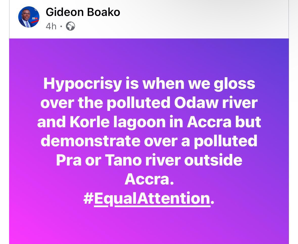 thesilentmuse's tweet photo. Ɛnti Wofa Gideon asɛm aa w’atwerɛ yi, ɛtɔ w’asum yie diɛ????  I knew there’ll be people who will come and spew hot air because they think they live miles away from the affected #galamsey areas. https://t.co/P0yOmj4LZF