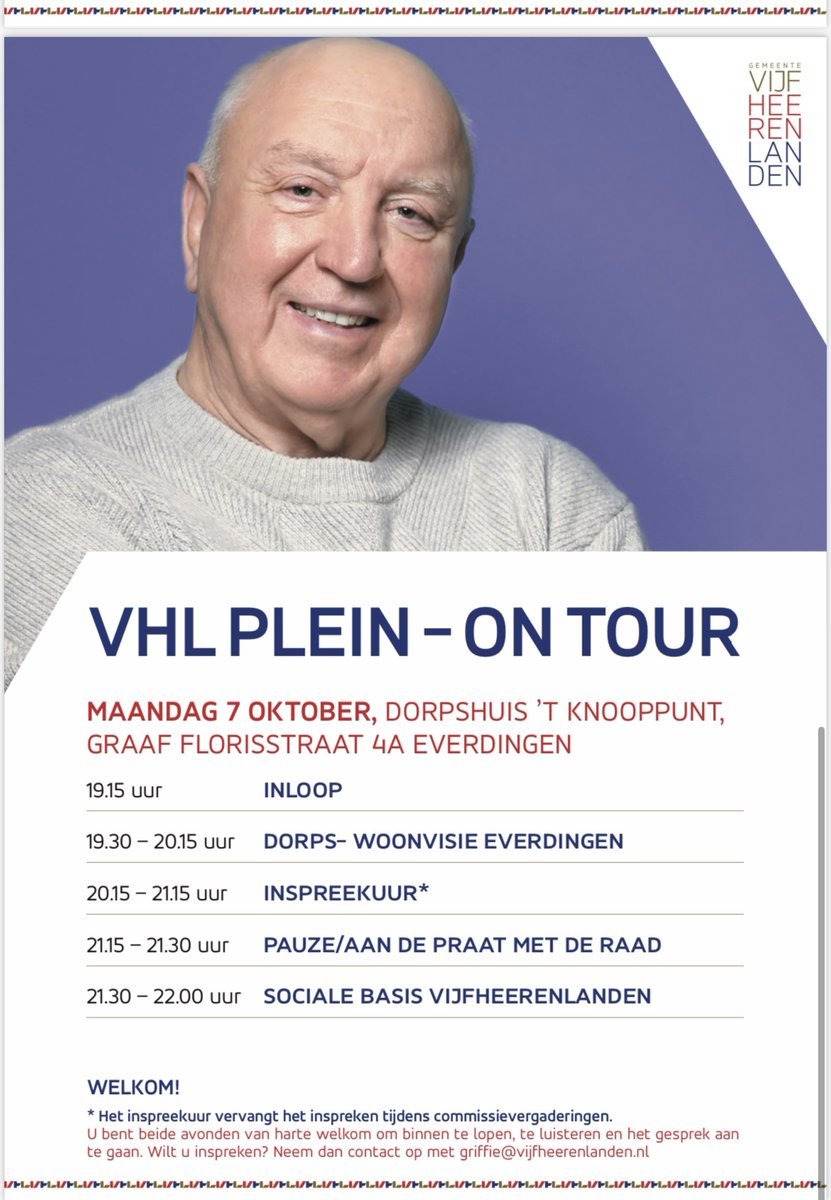 Aanstaande maandag 7 oktober is er weer een VHL-plein on tour! Deze keer bezoeken we dorpshuis 't Knooppunt in Everdingen. Op de agenda staat de dorps-woonvisie Everdingen en sociale basis Everdingen. Daarnaast is er een inspreekuur. Van harte welkom!