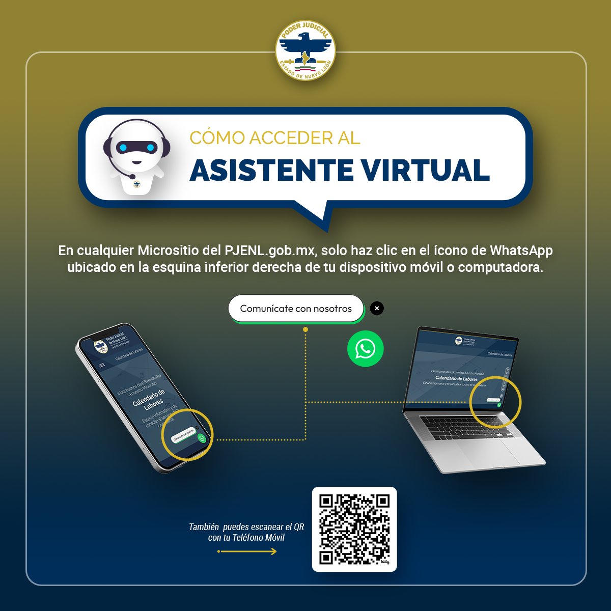poderjudicialnl's tweet image. Cómo acceder al #AsistenteVirtual

En cualquier Micrositio del PJENL.gob.mx, solo haz clic en el ícono de WhatsApp ubicado en la esquina inferior derecha de tu dispositivo móvil o computadora.

También puedes ingresa al siguiente enlace: bit.ly/PJENL-Asistent…