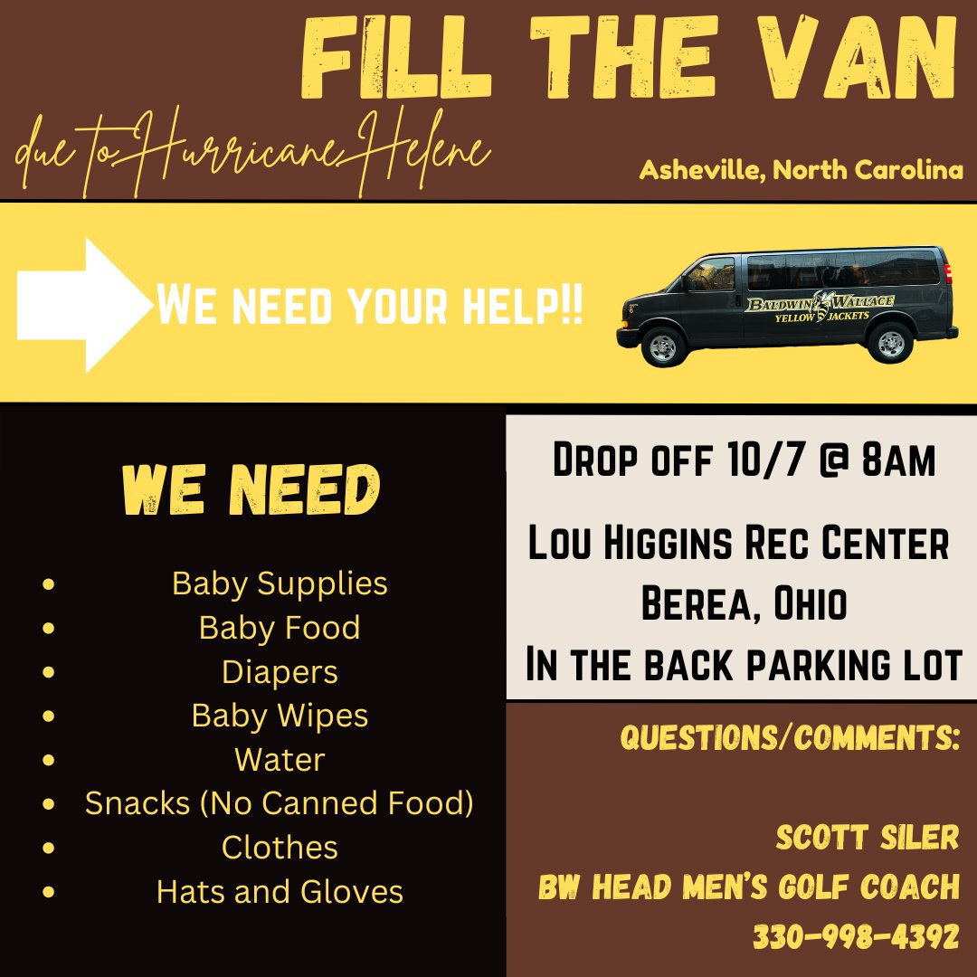 Baldwin Wallace Athletics (@bwathletics) on Twitter photo Jacket Nation! It's time to rally and support those impacted by Hurricane Helene. Please bring any of the needed supplies listed here, and you'll receive a free ticket to the <a href="/BW_wsoccer/">BW Womens Soccer</a> game or <a href="/BW_wvolleyball/">BW Women’s Volleyball</a> match on October 5. Let’s come together and make a difference! Jacket Nation! It's time to rally and support those impacted by Hurricane Helene. Please bring any of the needed supplies listed here, and you'll receive a free ticket to the <a href="/BW_wsoccer/">BW Womens Soccer</a> game or <a href="/BW_wvolleyball/">BW Women’s Volleyball</a> match on October 5. Let’s come together and make a difference!