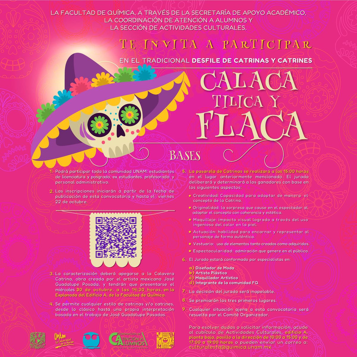 🤩 Invitamos a la comunidad UNAM a participar en los concursos y desfile!

🥳 Inscríbete y festejemos el “Día de muertos en la FQ”

culturalesfq@quimica.unam.mx

Acude al Cubículo de Actividades Culturales, edificio A, planta baja. lun a vie de 10:00 a 15:00 y 17:00 a 19:00 hrs