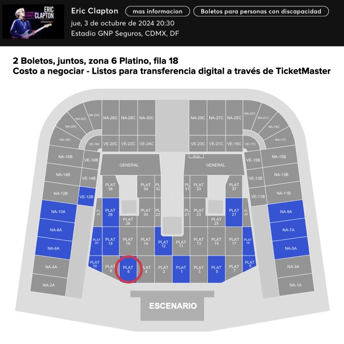 eps_81's tweet photo. Vendo 2 #boletos para #EricClapton , 3 Oct, #EstadioGNPseguros  #CDMX , Piso, zona 6 platino, fila 18. Los vendo a lo mismo que me costaron ya que no fue posible ir. Se entregan a  través transfer digital mediante Ticketmaster. Info por inbox :) https://t.co/q8GdYe9kP2