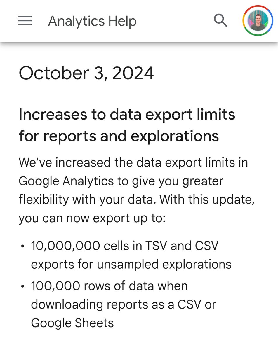 braiscv's tweet photo. 🆕 GA4 - Aumentan en los límites de exportación de datos 

•10,000,000 celdas en exportaciones TSV y CSV para exploraciones sin muestreo (GA4 360).

•100,000 filas de datos al descargar informes en formato CSV o Google Sheets. https://t.co/Dvk2BrgsIc