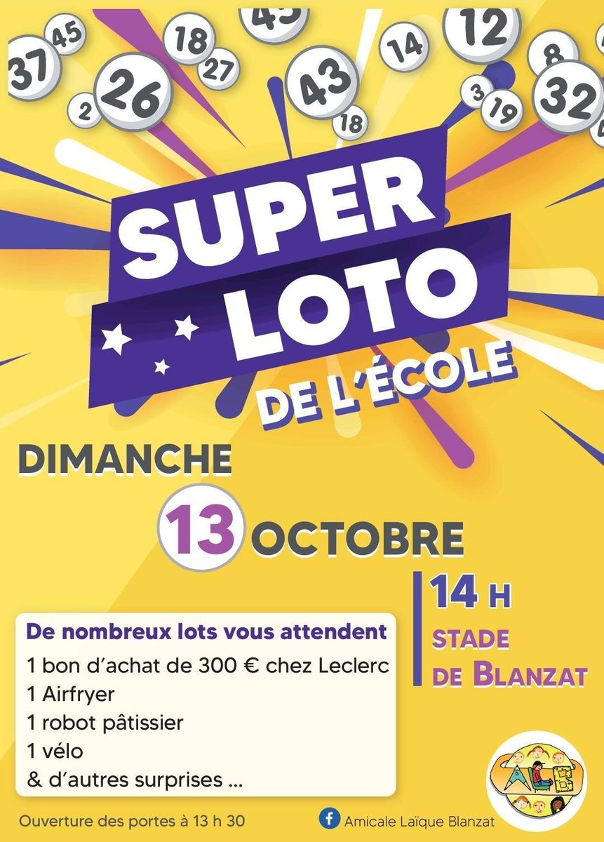 Rendez-vous le dimanche 13 octobre à partir de 13h30 !
Amicale Laïque Blanzat  organise un loto au profit des écoles.
Qui gagnera le super panier cadeau de la Coop des Dômes ? 😋