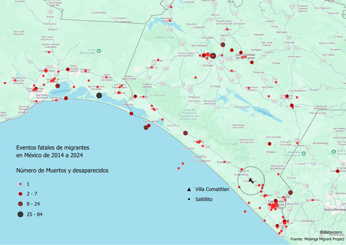 La muerte de migrantes en Chiapas no es un evento aislado. De acuerdo con datos de <a href="/MissingMigrants/">Missing Migrants Project</a> de 2014 a 2024 han perdido la vida 241 migrantes en la ruta Tapachula-Juchitlán.
Este mapa muestra la distribución de esos eventos.