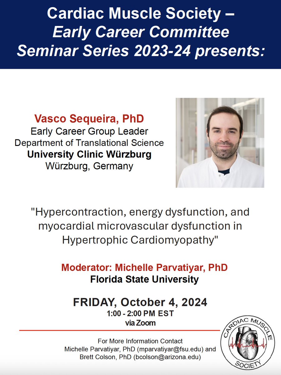 MuscleCardiac's tweet image. Hi there,
Please join us for our CMS Early Career Committee virtual seminar tomorrow!
When: Oct 4, 2024 01:00 PM Eastern Time (US and Canada)
Register in advance:
fsu.zoom.us/meeting/regist…
After registering, you will receive a confirmation email about the meeting.