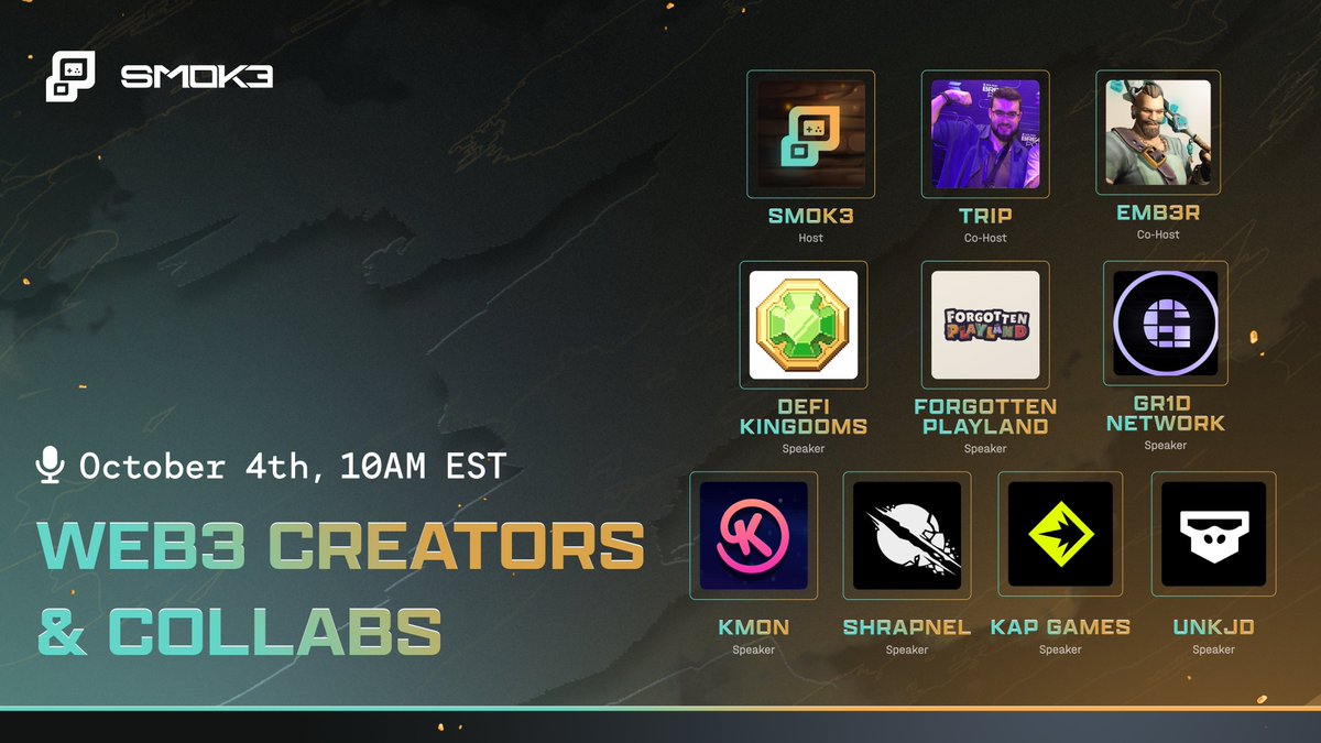 theagentchip's tweet photo. SMOK3 — X Space tomorrow! ✨

Join us as we discuss the world of collab management and the affect it has on the creator economy & web3 as a whole!

⚗️ https://t.co/AAXFQEI3Zx 
📆 Oct 4th, 10AM EST

Reply "🔔" below if you've set your reminder!