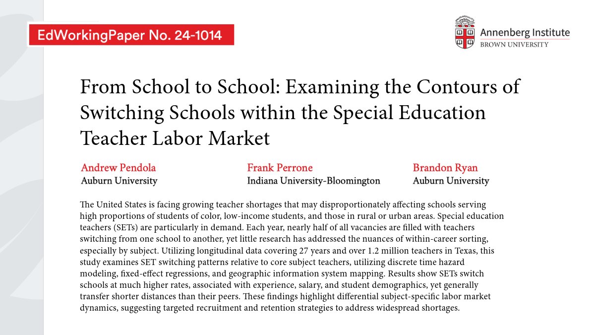 📢 #EdWorkingPapers: Special Education teachers switch schools more often than core-subject teachers, with a higher switch rate among male and Black teachers.  
🔍  Authors: <a href="/AndPendola/">Andrew Pendola</a>, <a href="/IUBloomington/">IU Bloomington</a>'s Frank Perrone &amp; <a href="/AuburnU/">Auburn University</a>'s Brandon Ryan 
📄 bit.ly/4d8wJMd