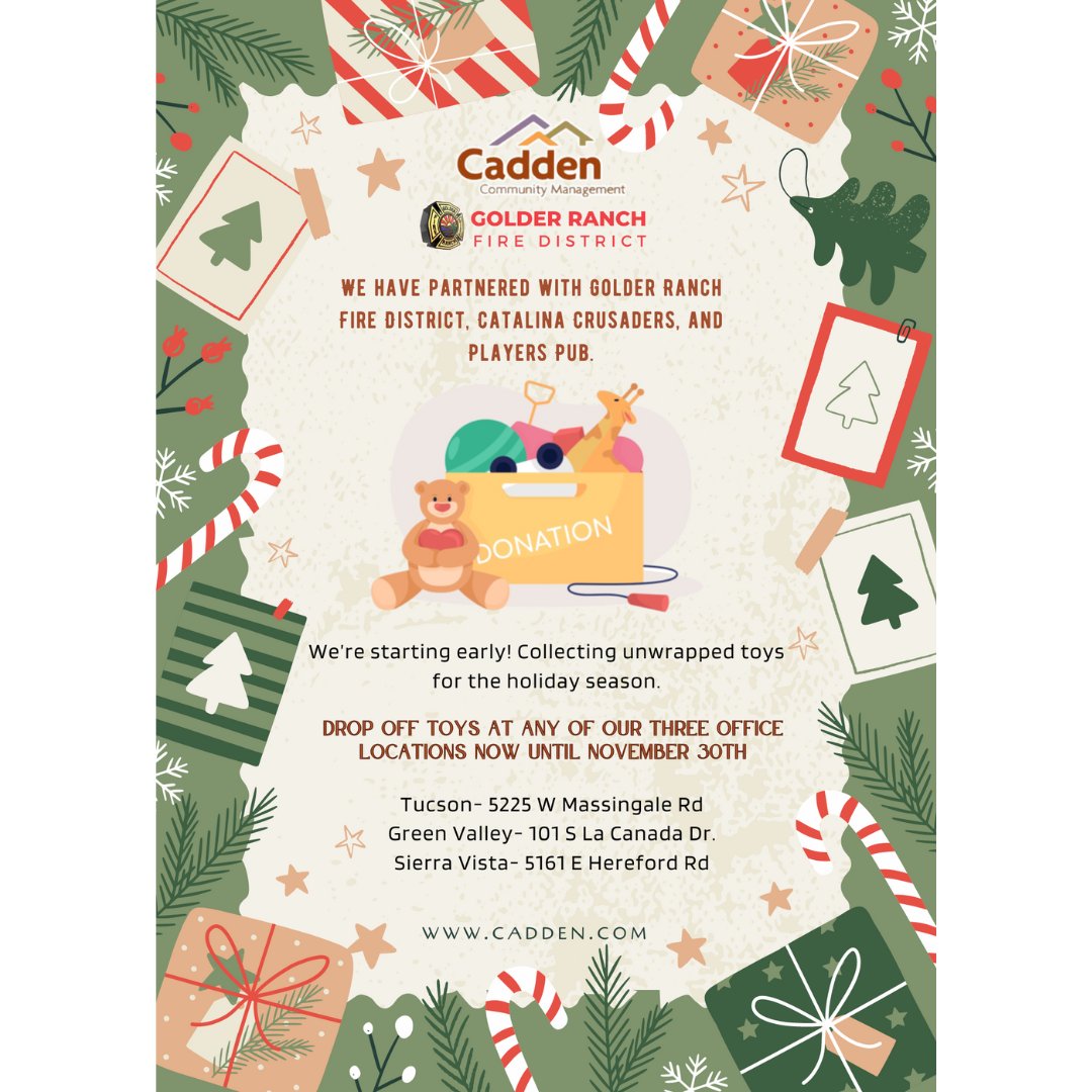CaddenAZ's tweet photo. 🎁 We're teaming up with Golder Ranch Fire District, Catalina Crusaders, and Players Pub for a Holiday Toy Drive! Donate unwrapped toys by Nov 30th to bring smiles to kids this season. 🎄✨ #SpreadTheJoy #ToyDrive #HolidayMagic https://t.co/YpNPaAr0Ki
