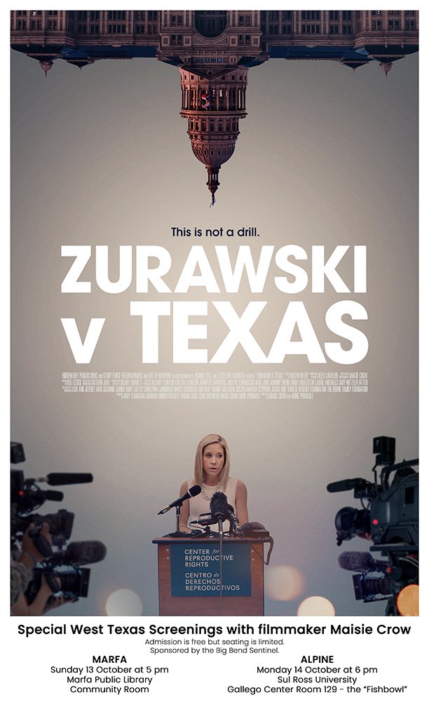 Hilary Beebe (@hilarybeebe) on Twitter photo Super excited about these upcoming West Texas screenings of the remarkable film Zurawski v Texas with filmmaker <a href="/maisiecrow/">Maisie Crow</a> sponsored by the <a href="/bigbendsentinel/">The Big Bend Sentinel</a>
Marfa is 10/13 5 pm
Alpine is 10/14 6 pm
Free admission! Info below! Please share! Super excited about these upcoming West Texas screenings of the remarkable film Zurawski v Texas with filmmaker <a href="/maisiecrow/">Maisie Crow</a> sponsored by the <a href="/bigbendsentinel/">The Big Bend Sentinel</a>
Marfa is 10/13 5 pm
Alpine is 10/14 6 pm
Free admission! Info below! Please share!