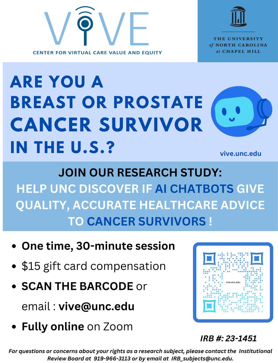 Center for Virtual Care Value & Excellence (ViVE) (@vive_unc) on Twitter photo We are seeking Breast and Prostate #CancerSurvivors to participate in our research study to see if #AIChatbots provide quality healthcare advice. This is a one-time, 30-minute session on Zoom. Interested? Email us at vive@unc.edu! #CancerSurvivorResearch #AI #CancerResearch We are seeking Breast and Prostate #CancerSurvivors to participate in our research study to see if #AIChatbots provide quality healthcare advice. This is a one-time, 30-minute session on Zoom. Interested? Email us at vive@unc.edu! #CancerSurvivorResearch #AI #CancerResearch