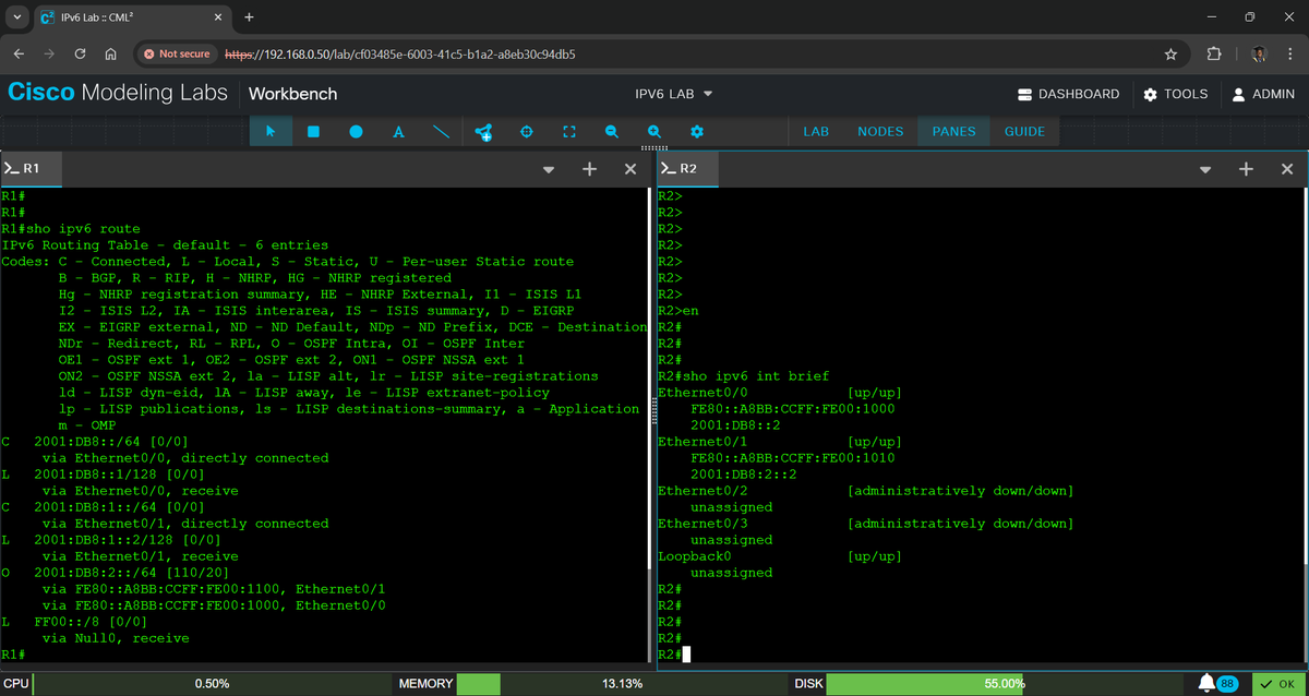 AlexeiCherubin's tweet photo. This post shows an implementation of OSPFv3. It took some time to configure but I got it done eventually. I almost forgot to put in the "router-id". It's good to refresh certain things in the mind.
#cisco #ciscomodelinglabs #cml #OSPFv3 https://t.co/XqIMtBdNXe