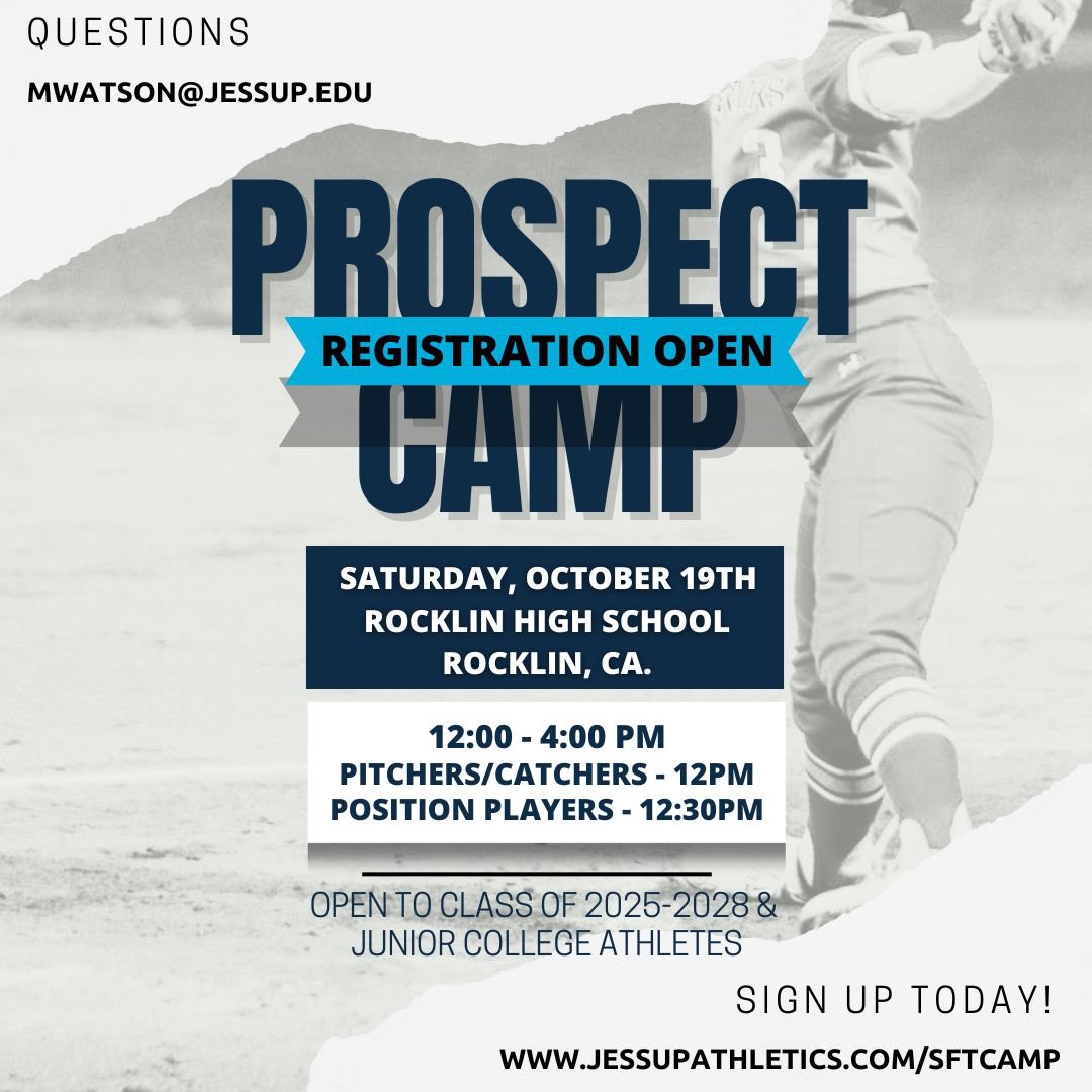 Jessup Softball (@jessup_sft) on Twitter photo 👀 FUTURE WARRIORS … Join us for our Fall Prospect Camp Oct. 19th to showcase your skills & personality for the Jessup Staff! Can’t wait to see you all out there 💪
Questions : mwatson@jessup.edu
🔗 to register: tickets.jessupathletics.com/event/softball… 👀 FUTURE WARRIORS … Join us for our Fall Prospect Camp Oct. 19th to showcase your skills & personality for the Jessup Staff! Can’t wait to see you all out there 💪
Questions : mwatson@jessup.edu
🔗 to register: tickets.jessupathletics.com/event/softball…