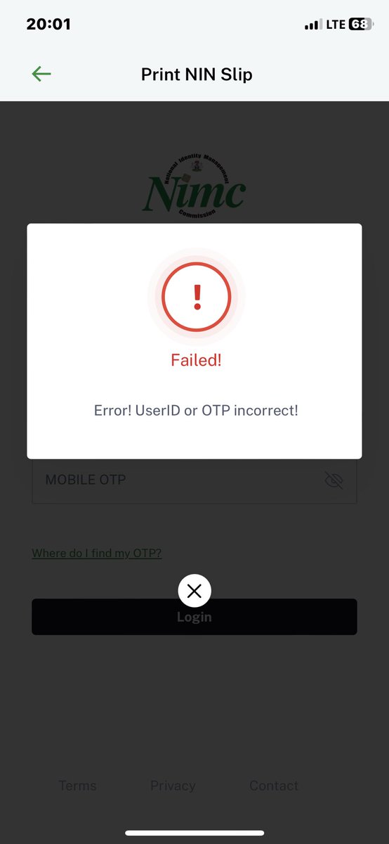 strezlez's tweet photo. @nimc_ng why do I get this message after inputting my correct username and otp https://t.co/OTCLMC8Bgf