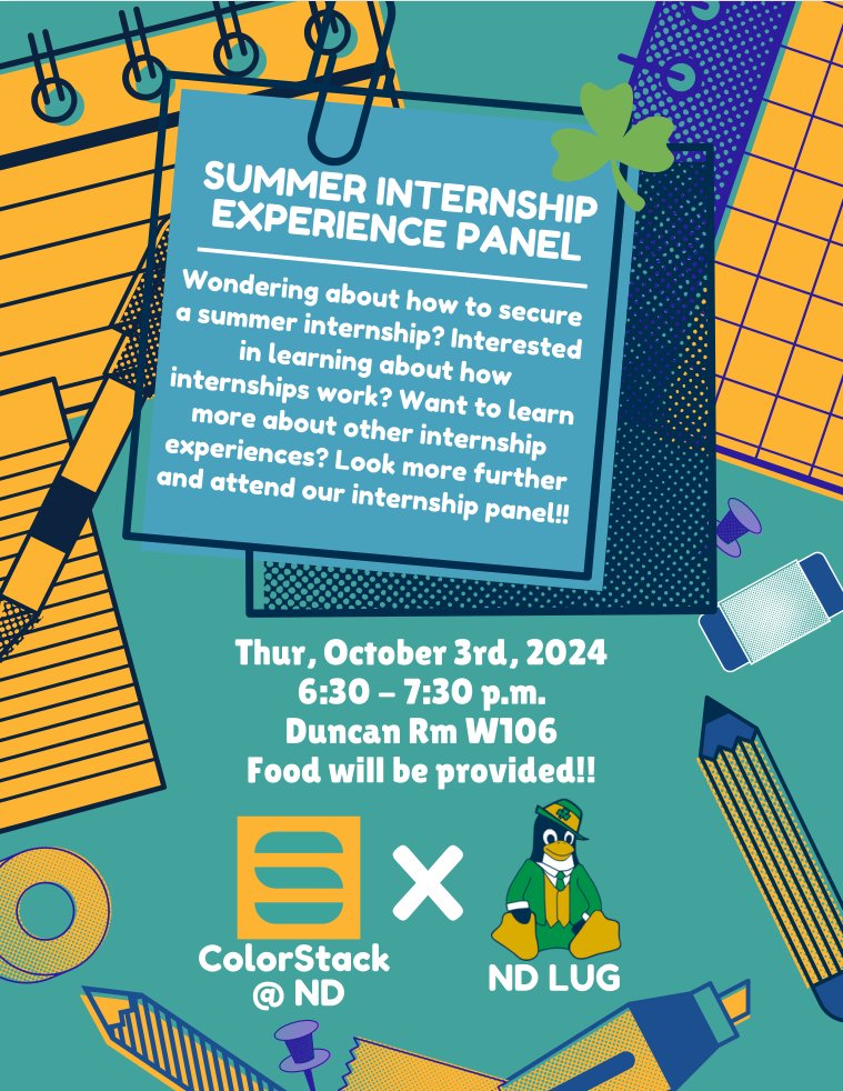 nd_lug's tweet photo. We are holding a joint Summer Internship Panel with ColorStack tonight, October 3rd, from 6:30 - 7:30 PM in Duncan Room W106.  

Pizza will be provided! https://t.co/AcKIbteMJm