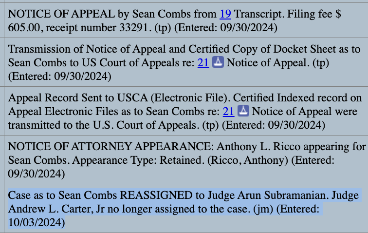 meghanncuniff's tweet photo. There's a new judge on Sean "Diddy" Combs' criminal case. 

The case was reassigned today to U.S. District Judge Arun Subramanian. No explanation given as to Judge Andrew L. Carter Jr.'s departure.
https://t.co/2v7EGVc8eS https://t.co/uSxkrJLAkw