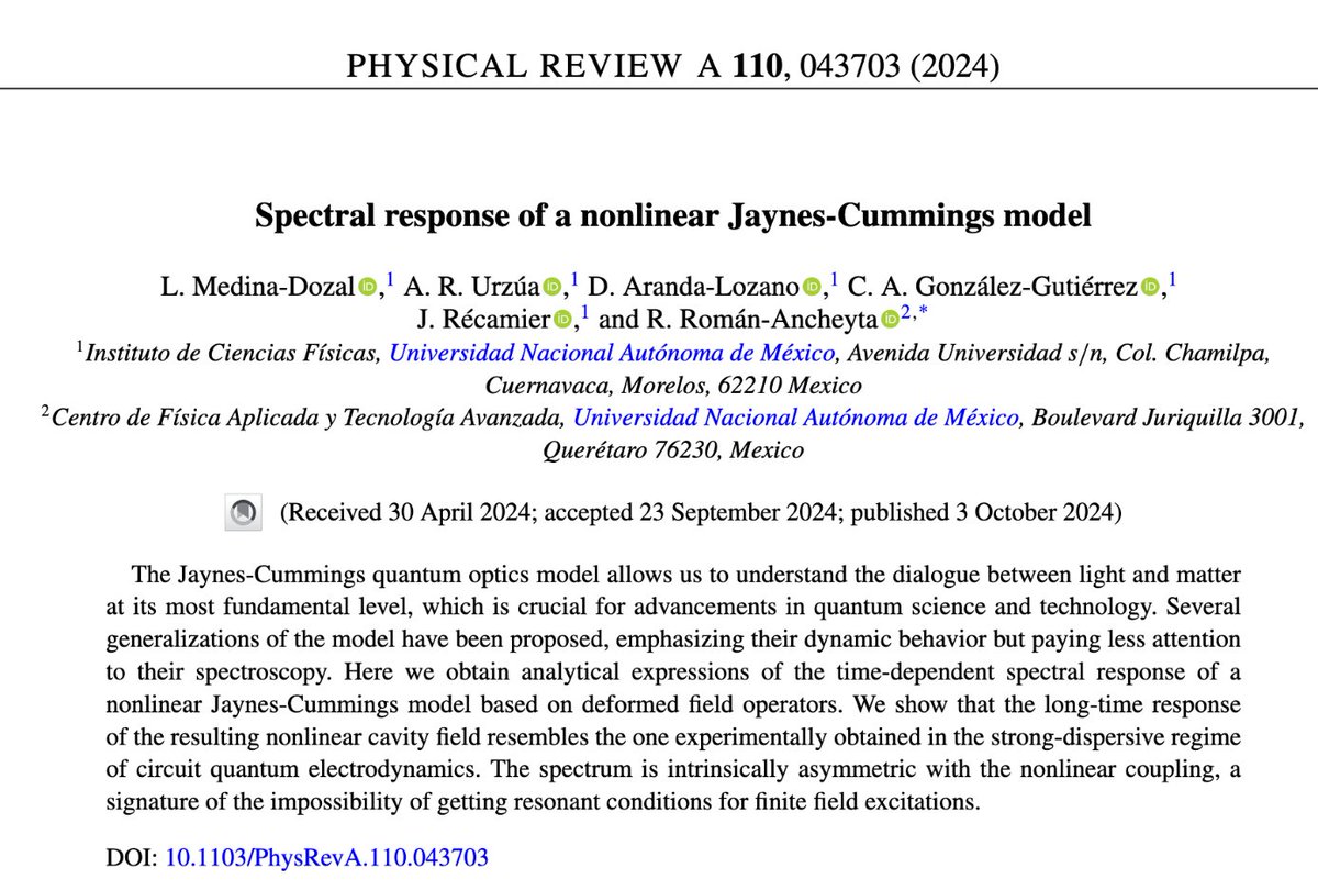 📑 | El Dr. Ricardo Ancheyta, investigador del <a href="/Cfata_Unam/">Centro de Física Aplicada y Tecnología Avanzada</a>, junto con colegas del <a href="/icf_unam/">ICF-UNAM</a>, lideró un estudio recientemente publicado en la revista Physical Review A de la <a href="/APSphysics/">American Physical Society</a>
Este trabajo revela que ciertos osciladores no lineales clásicos y cuánticos...👇