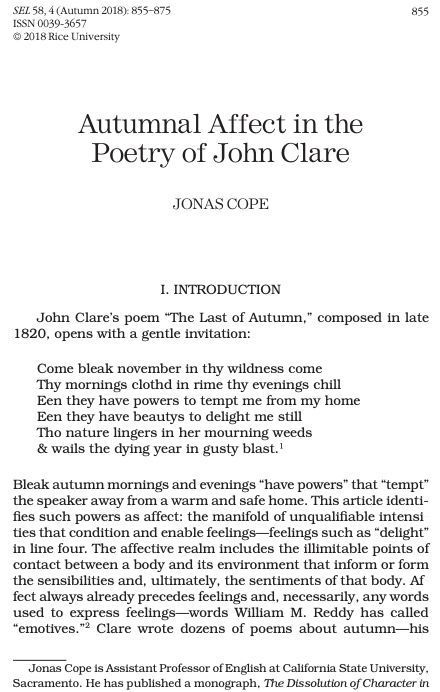 To celebrate #NationalPoetryDay we're reading "Autumnal Affect in the Poetry of John Clare" (Cope, SEL 58.4) for those 🍂 fall feels. Find the article <a href="/ProjectMUSE/">Project MUSE</a> bit.ly/4eS0Fxt and <a href="/JSTOR/">JSTOR</a> bit.ly/3TP7ffN &amp; more Clare poems <a href="/PoetryFound/">Poetry Foundation</a> bit.ly/3Y7JoL6