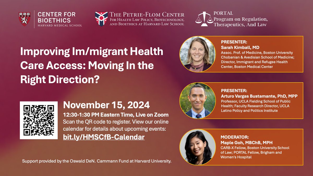 NOVEMBER 15: join us for 'Improving Im/migrant Health Care Access: Moving In the Right Direction?' with <a href="/PORTAL_Research/">Program On Regulation, Therapeutics, And Law</a> and <a href="/PetrieFlom/">Petrie-Flom Center</a>. 🩺 Register here: lp.constantcontactpages.com/ev/reg/ysrb833