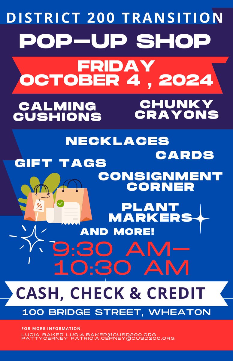 We have created a new partnership with Wheaton Warrenville South's Vocational Department, where Transition students and WWS students will take turns hosting/running the Pop-Up Shop!
Please stop by this Friday to meet our new WWS salespeople.