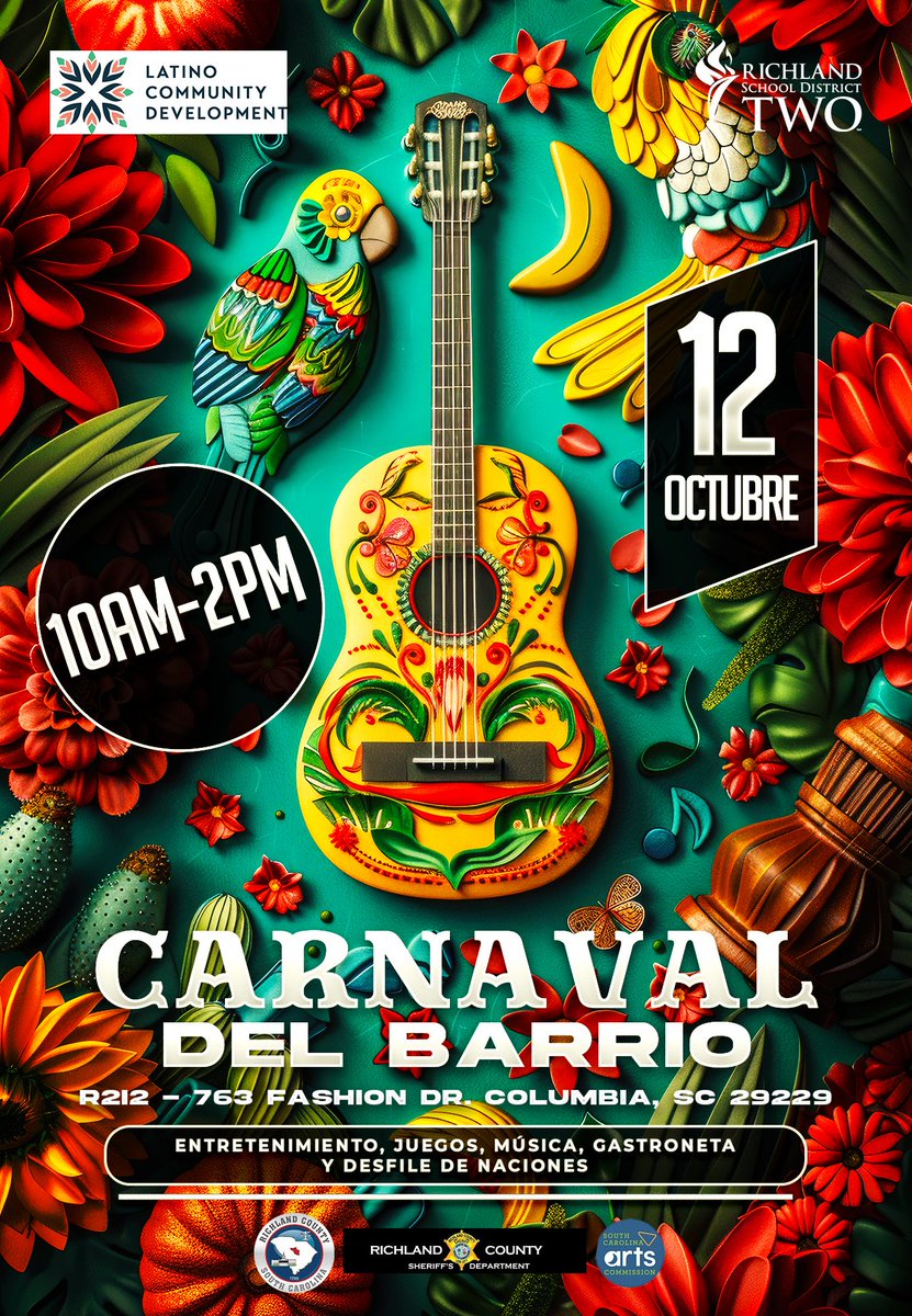 Richland School District Two (@richlandtwo) on Twitter photo 💃🌮¡Celebre el Mes de la Herencia Hispana con el Distrito Escolar Dos de Richland!🎈✨Únase a nosotros para un vibrante festival cultural: Sábado, 12 de octubre de 2024 / 10 a.m. - 2 p.m. / R2i2 Grounds, 763 Fashion Drive. 🎉 💃🌮¡Celebre el Mes de la Herencia Hispana con el Distrito Escolar Dos de Richland!🎈✨Únase a nosotros para un vibrante festival cultural: Sábado, 12 de octubre de 2024 / 10 a.m. - 2 p.m. / R2i2 Grounds, 763 Fashion Drive. 🎉