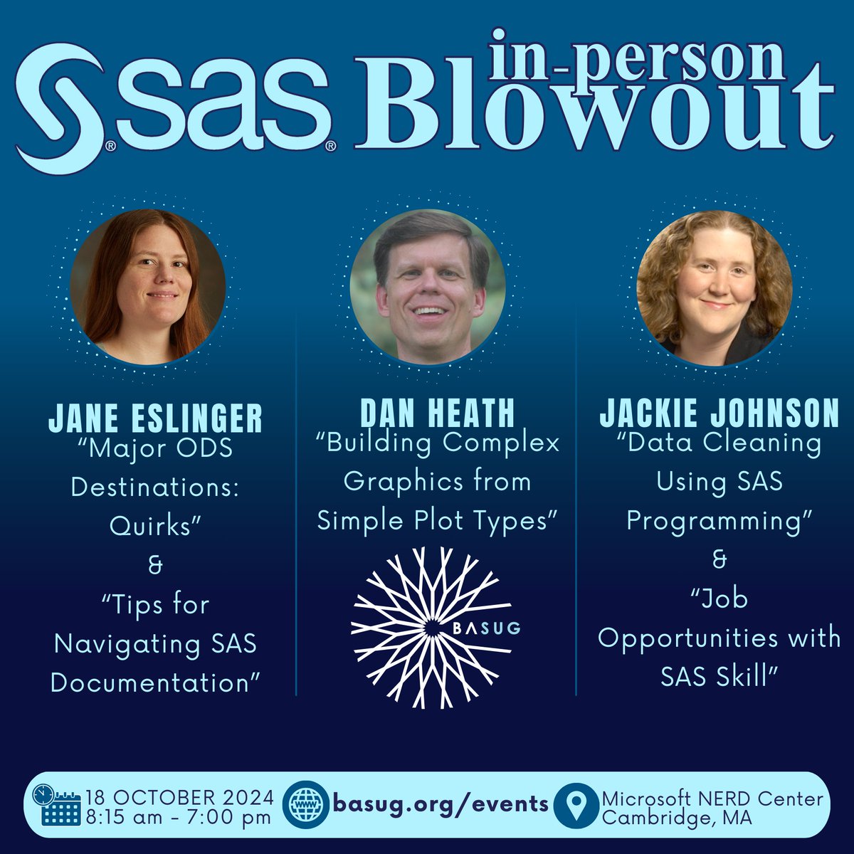 BostonAreaSUG's tweet photo. Don’t miss this opportunity to learn directly from 3 SAS experts (Jane Eslinger, Dan Heath, and Jackie Johnson, DrPH) on critical SAS topics at the BASUG SAS Blowout on October 18! Register by Oct 4th for the $30 early bird rate https://t.co/k1Fhy3x5QU
#SAS #BASUG #SASBlowout https://t.co/WcRM1gd28c
