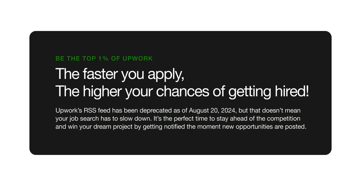 upsignalapp's tweet photo. If you’re trying to land more jobs on Upwork, speed is everything—and Upsignal makes sure you’re always ahead of the game. 

Since Upwork’s RSS feed is no longer around, searching for jobs manually just isn’t enough. 

Upsignal sends real-time job alerts straight to your email, Slack, or Discord, so you know the second a new opportunity pops up. 

The faster you apply, the better your chances of getting noticed and hired. 

It’s simple: stay quick, stay competitive, and let Upsignal help you win more projects!

We're launching soon...