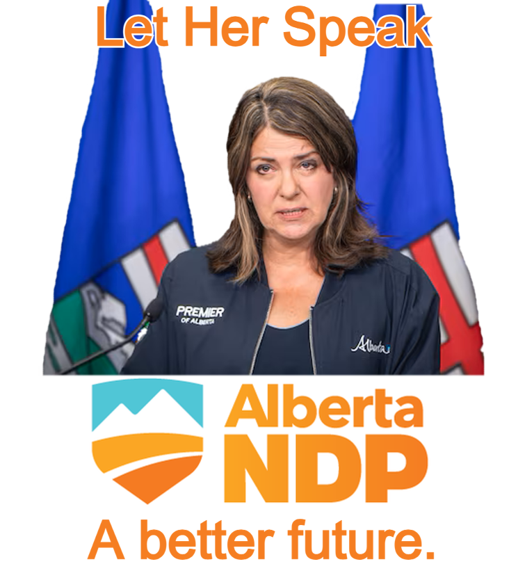 Isuckatpicking's tweet photo. The @albertaNDP have launched a bold new advertising campaign titled "Let Her Speak".
"No one has been able to generate more excitement for the Alberta NDP than Danielle Smith. Every time she opens her mouth we notice our support rising."
Naheed Nenshi https://t.co/xtKTbkOq3l
