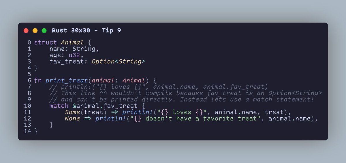 ⚡ #Rustlang Tip: use Option&lt;T&gt; for values that might be absent.

Rust doesn't have null values, but it does have Option&lt;T&gt;

This lets the compiler help check for those pesky "null" cases for you, and make sure you handle the Option::None case!

#RustTricks #Rust30by30 #Day9