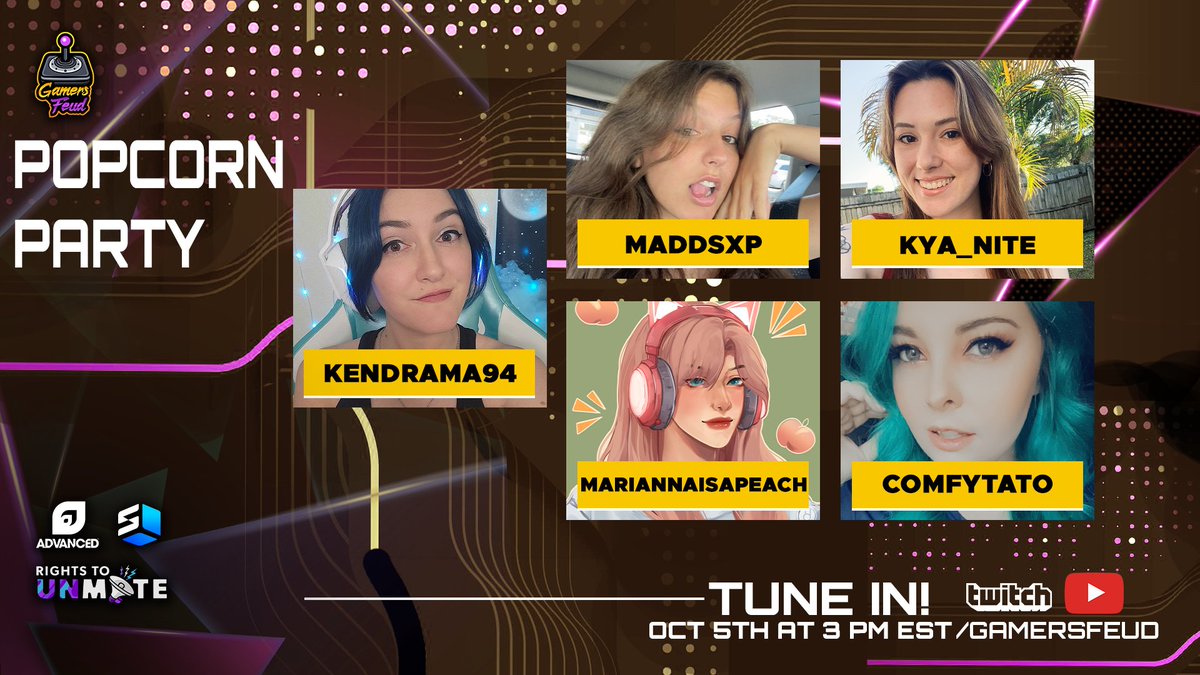 Gamers Feud (@gamersfeud) on Twitter photo Give it up for Popcorn Party, the first team joining the season finale of Season 5, Movies Gamers Feud
๐ฟ <a href="/Kendrama94/">๐Kendra๐ซ</a>
๐ฟ <a href="/Maddsxp/">Maddsxp๐๐ฟ๐ฅENVtuber๐งชโก๏ธ</a>
๐ฟ <a href="/kya_nite_/">Kyanite | Keys7</a>
๐ฟ <a href="/MariannaIsPeach/">Marianna</a>
๐ฟ <a href="/ComfyTatoTTV/">ComfyTato</a>
They will take on ๐ฬถ๐ดฬถ๐ณฬถ๐ฐฬถ๐ฒฬถ๐ฬถ๐ดฬถ๐ณฬถ this Saturday. We'll see you at 3 PM EST! Give it up for Popcorn Party, the first team joining the season finale of Season 5, Movies Gamers Feud
๐ฟ <a href="/Kendrama94/">๐Kendra๐ซ</a>
๐ฟ <a href="/Maddsxp/">Maddsxp๐๐ฟ๐ฅENVtuber๐งชโก๏ธ</a>
๐ฟ <a href="/kya_nite_/">Kyanite | Keys7</a>
๐ฟ <a href="/MariannaIsPeach/">Marianna</a>
๐ฟ <a href="/ComfyTatoTTV/">ComfyTato</a>
They will take on ๐ฬถ๐ดฬถ๐ณฬถ๐ฐฬถ๐ฒฬถ๐ฬถ๐ดฬถ๐ณฬถ this Saturday. We'll see you at 3 PM EST!