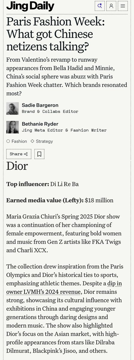 Dilraba Dior PFW2024 
Dior
Top influencer: Di Li Re Ba
Earned media value (Lefty): $18 million

#DilrabaXDiorSS25  <a href="/Dior/">Dior</a> 
#Dilraba
#DilrabaForDiorSS25 
#DilrabaWithDiorSS25