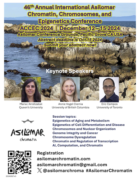 Don’t forget to register for the 46th International Annual Asilomar #Chromatin, #Chromosomes, &amp; #Epigenetics Conference Dec 12-15, 2024! We are excited to have you present your work! Abstracts due Oct 15 asilomarchromatin.com #AsilomarChromatin