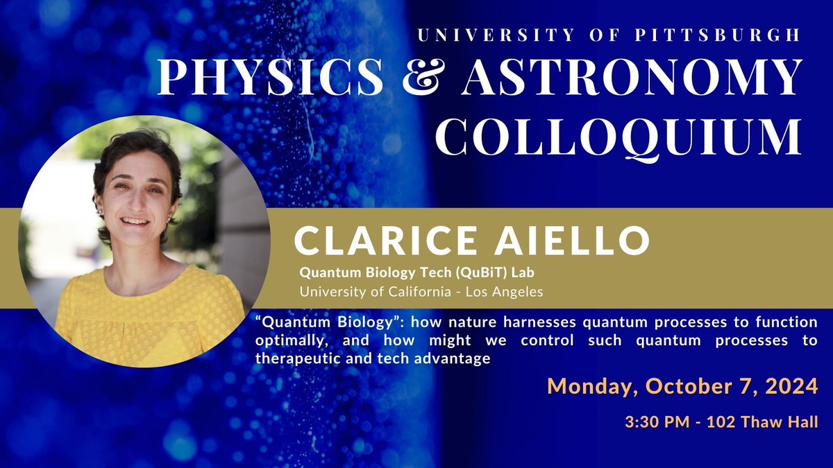Join us on Monday for Colloquium with Dr. Clarice Aiello (UCLA)! Details here: physicsandastronomy.pitt.edu/events/pitt-cm…