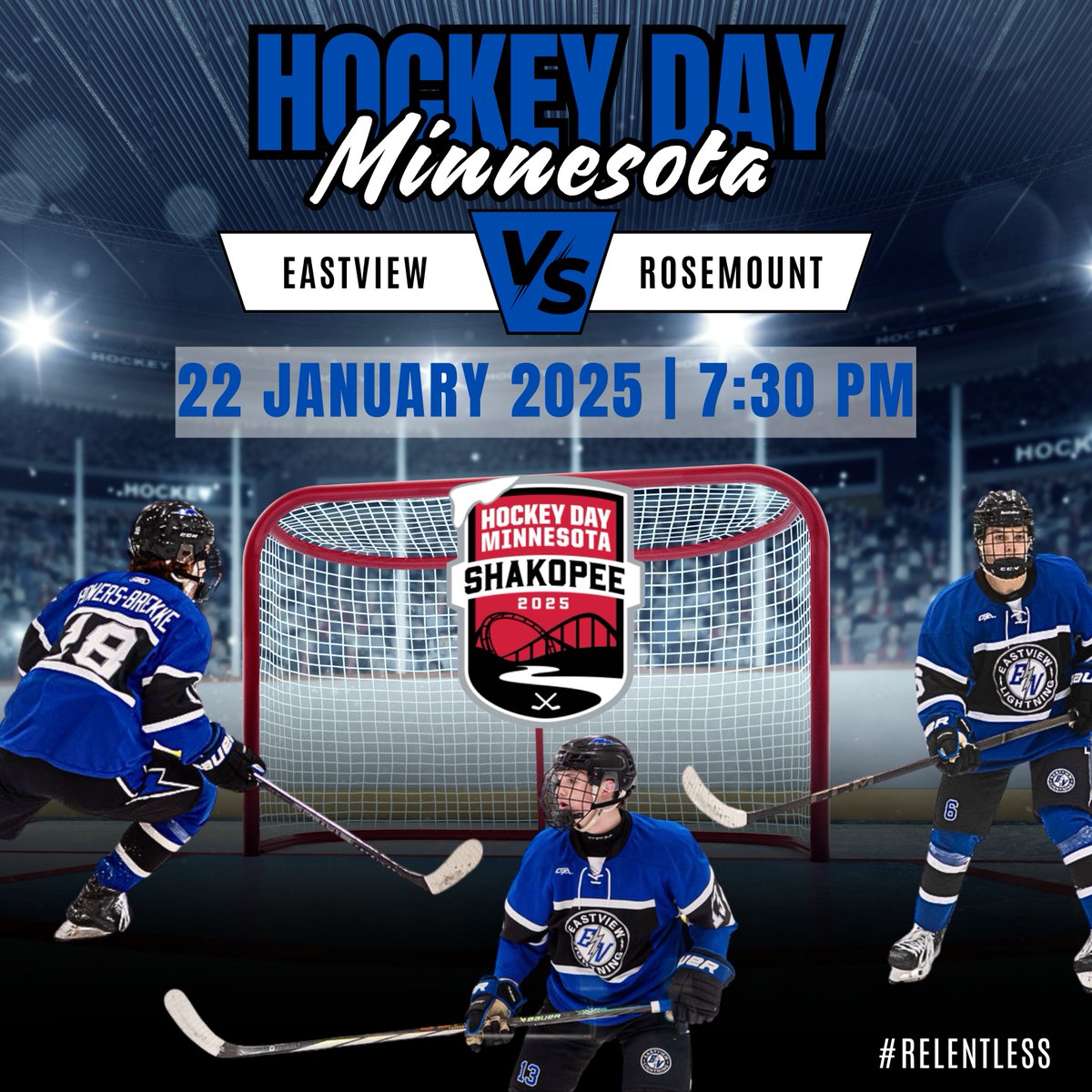 Eastview Lightning Boys Varsity Hockey will take on Rosemount at this years Hockey Day Minnesota! 

Eastview Fans Come Pack the Stands! 
For more information and tickets, please visit …eydaymnshakopee.hometownticketing.com
 
#relentless