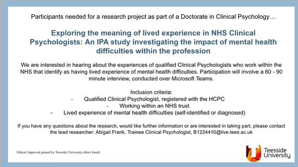 To any psychologists with lived experience of mental health difficulty working in the NHS, please consider taking part in Abigail Frank’s thesis to better understand the impact within our profession. 🙌🏻