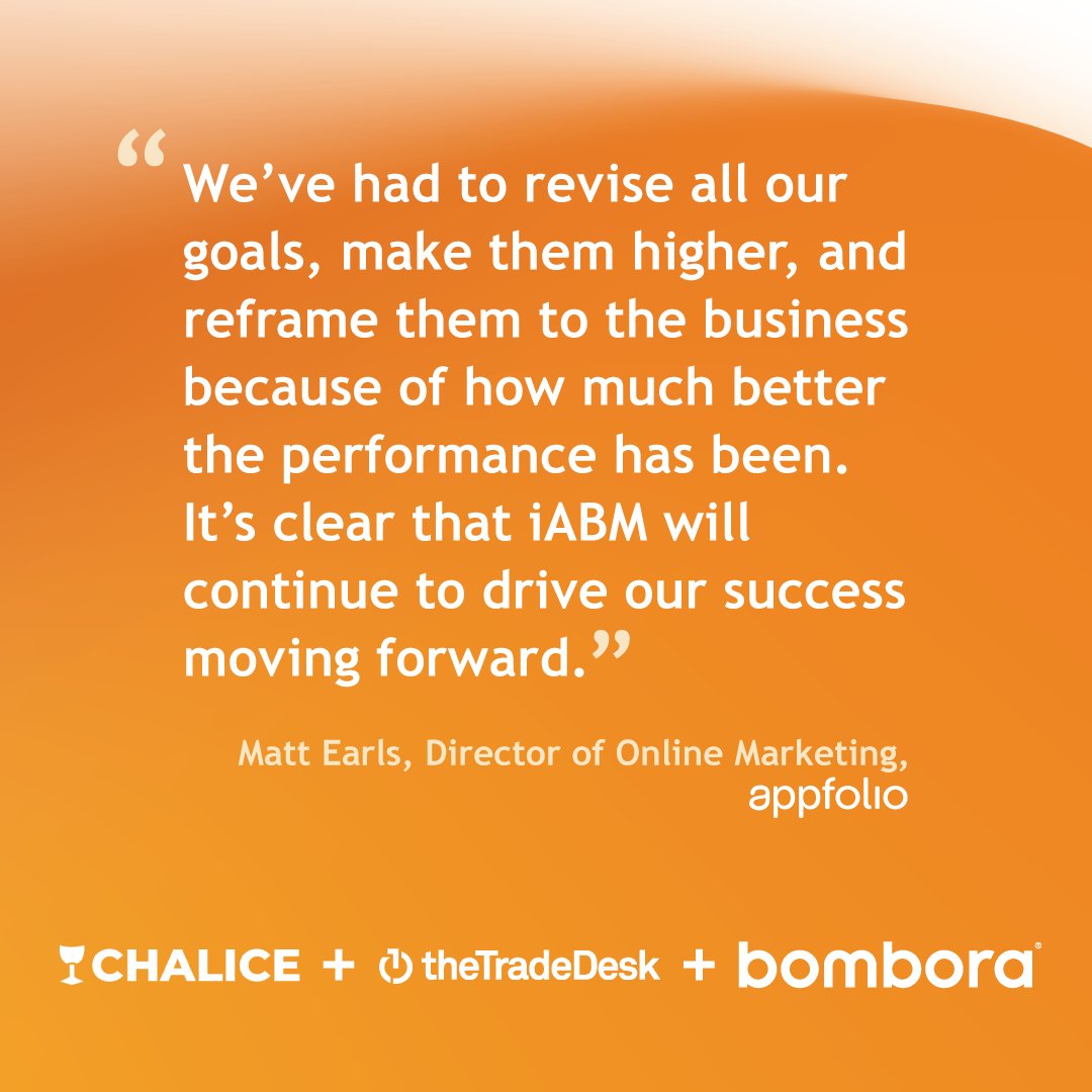 Bombora (@bomboradata) on Twitter photo AppFolio faced challenges with their incumbent ABM platform and after a head-to-head test, iABM came out on top!
Learn about AppFolio’s success with Bombora’s iABM solution, available exclusively in collaboration with <a href="/TheTradeDesk/">The Trade Desk</a> and Chalice AI: hubs.ly/Q02S1ffM0 AppFolio faced challenges with their incumbent ABM platform and after a head-to-head test, iABM came out on top!
Learn about AppFolio’s success with Bombora’s iABM solution, available exclusively in collaboration with <a href="/TheTradeDesk/">The Trade Desk</a> and Chalice AI: hubs.ly/Q02S1ffM0