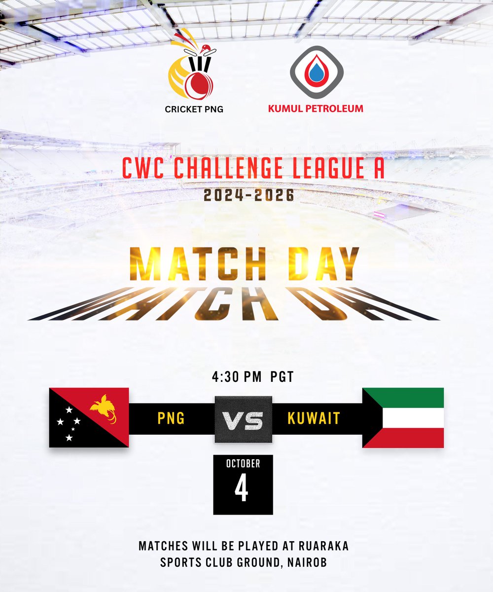 🏏ICC Cricket World Cup Challenge League A! First up

PNG vs QATAR

MATCH DAY!!!

⏱ 4:30 PM PGT
🏟 Ruaraka Sports Club Ground, Nairobi, Kenya

Live score: buff.ly/3XXBSRQ

#nairobimatches #cwcchallengeleague #backthebarras #cricketfans #cricket <a href="/followers/">はうはう</a> <a href="/topfans/">TopFans</a>
