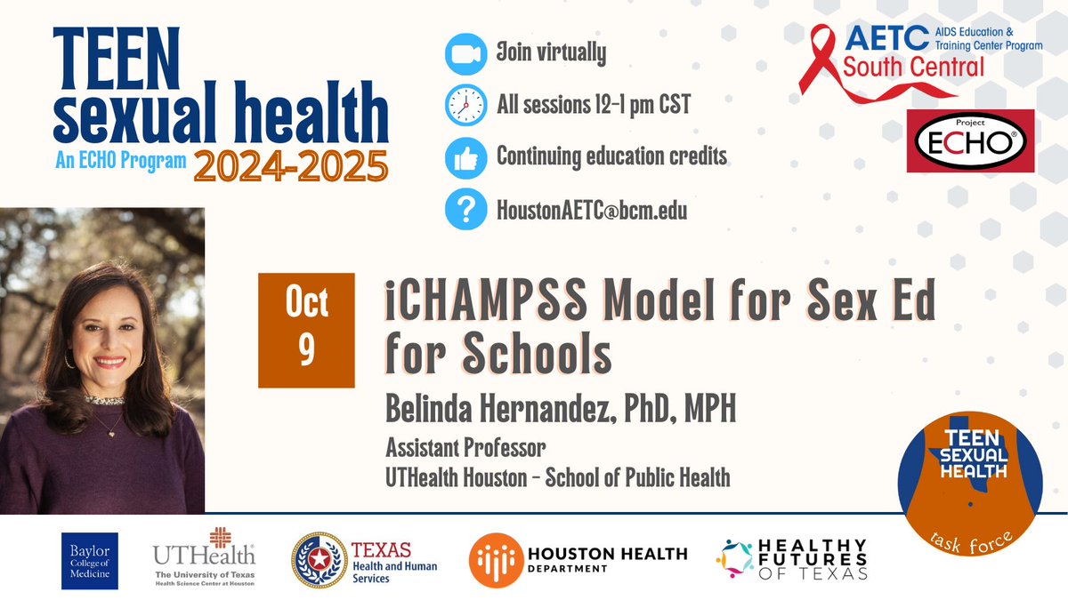 Houston AIDS Education & Training Center (AETC) (@houstonaetc) on Twitter photo This week!
Dr. Hernandez will talk about the <a href="/UTHealthSPH/">UTHealth Houston School of Public Health</a> <a href="/UTHealthSA/">UT Health San Antonio</a> model for #SexEd in schools.
Our <a href="/ProjectECHO/">Project ECHO</a> community of practice will gather to learn the latest in policies and strategies.
<a href="/UTHSA_AETC/">UT Health San Antonio AETC</a> @ruthcsp <a href="/NCSH_/">National Coalition for Sexual Health</a> <a href="/emmybarr/">Emily Barr, PhD, PNP, CNM, FACNM, FAAN</a> <a href="/BCMPedPubHlth/">BCM Public Health</a> <a href="/BCMPedIDFellows/">BCM Pediatric Infectious Diseases Fellowship</a> <a href="/hftexas/">Healthy Futures of Texas</a> This week!
Dr. Hernandez will talk about the <a href="/UTHealthSPH/">UTHealth Houston School of Public Health</a> <a href="/UTHealthSA/">UT Health San Antonio</a> model for #SexEd in schools.
Our <a href="/ProjectECHO/">Project ECHO</a> community of practice will gather to learn the latest in policies and strategies.
<a href="/UTHSA_AETC/">UT Health San Antonio AETC</a> @ruthcsp <a href="/NCSH_/">National Coalition for Sexual Health</a> <a href="/emmybarr/">Emily Barr, PhD, PNP, CNM, FACNM, FAAN</a> <a href="/BCMPedPubHlth/">BCM Public Health</a> <a href="/BCMPedIDFellows/">BCM Pediatric Infectious Diseases Fellowship</a> <a href="/hftexas/">Healthy Futures of Texas</a>
