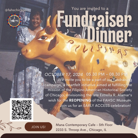 🎉Join our friends at the Filipino American Historical Society of Chicago for a Fundraiser Dinner🎉

📍Thu, OCT 17, 05:30 - 08:30 PM⁠
at MANA Contemporary Chicago
🧧The suggested ticket donation is $75
🚗Parking is free.⁠
⁠
#fahm #fundraiser #filipinoamerican #chicagohistory
