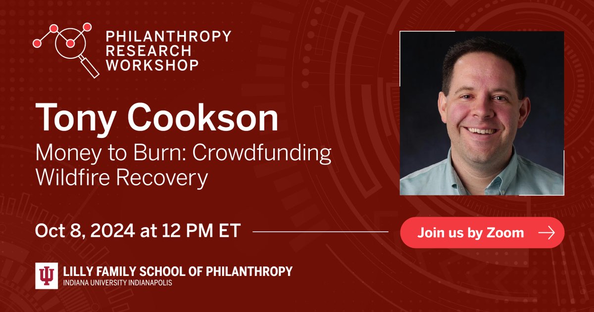 IU Philanthropy (@iuphilanthropy) on Twitter photo Money to Burn: Crowdfunding Wildfire Recovery
Tony Cookson, prof of finance at <a href="/leedsbiz/">Leeds Business</a>, will discuss his research documenting inequalities in how low vs. high income people access crowdfunding after a major wildfire in CO. 12-1 p.m., Oct 8. Register:ow.ly/ONm250TxtaW Money to Burn: Crowdfunding Wildfire Recovery
Tony Cookson, prof of finance at <a href="/leedsbiz/">Leeds Business</a>, will discuss his research documenting inequalities in how low vs. high income people access crowdfunding after a major wildfire in CO. 12-1 p.m., Oct 8. Register:ow.ly/ONm250TxtaW