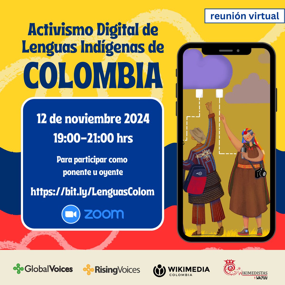 Wikimedia Colombia (@wikimediaco) on Twitter photo 📆🗣️#WikiAgenda | Participa en el Encuentro de Activismo Digital de Lenguas Indígenas de Colombia.
📶En línea, a través de Zoom
2⃣ Modalidades de participación
📆12 de noviembre
🙋♂️¡Inscríbete!🔗bit.ly/LenguasColom
Organizan: <a href="/risingvoices/">risingvoices</a> <a href="/gvamericalatina/">GlobalVoicesAmericas</a> <a href="/guc_wikipeetia/">Wikimedistas Wayuu</a> 📆🗣️#WikiAgenda | Participa en el Encuentro de Activismo Digital de Lenguas Indígenas de Colombia.
📶En línea, a través de Zoom
2⃣ Modalidades de participación
📆12 de noviembre
🙋♂️¡Inscríbete!🔗bit.ly/LenguasColom
Organizan: <a href="/risingvoices/">risingvoices</a> <a href="/gvamericalatina/">GlobalVoicesAmericas</a> <a href="/guc_wikipeetia/">Wikimedistas Wayuu</a>