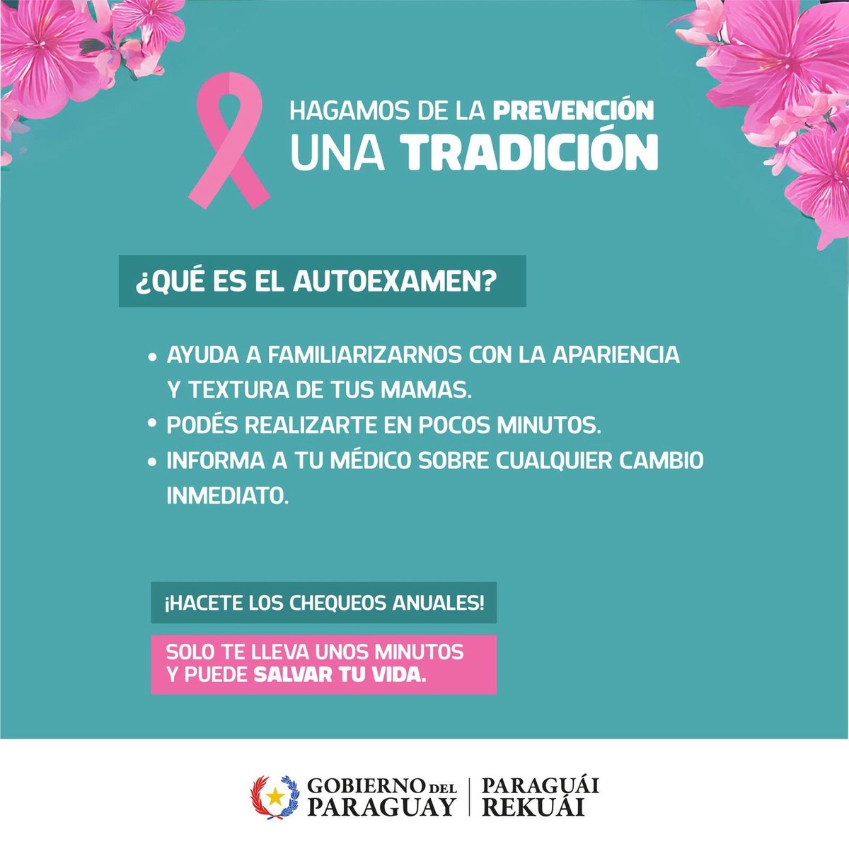 El autoexamen puede salvar tu vida.

👇 Conocé más sobre el mismo.

¡Hagamos de la prevención, una tradición!

#OctubreRosa 🎀
#GobiernoDelParaguay